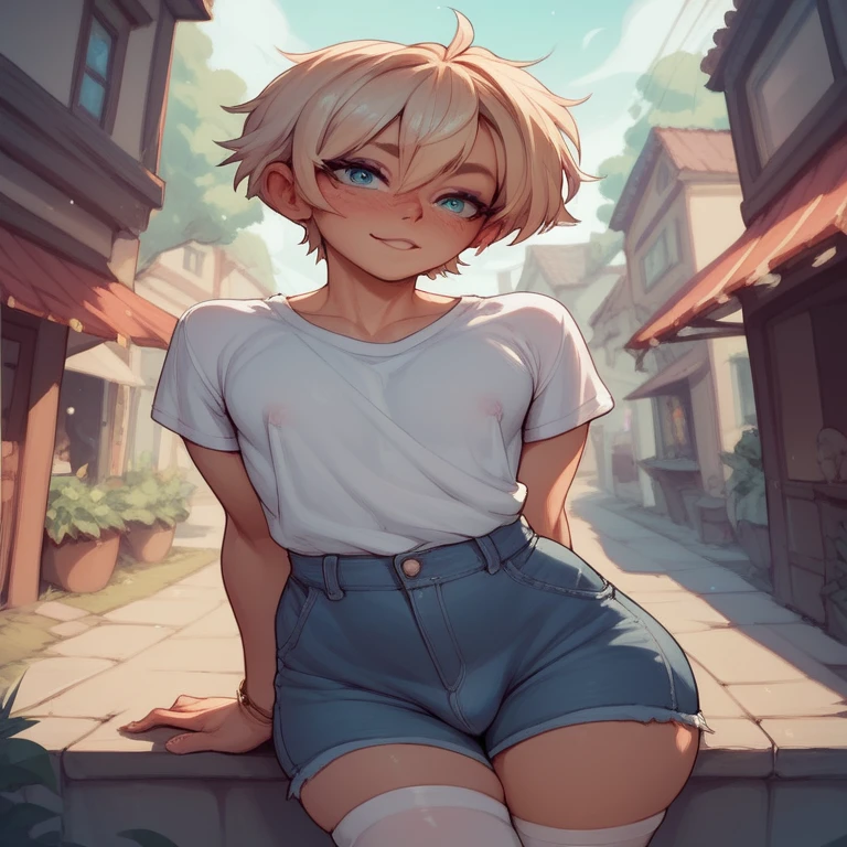 A short haired femboy with tiny visible tits
