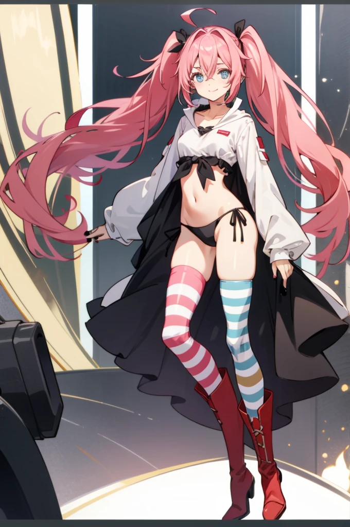 tall body, tall, long legs, mature female, mature, adult, EFT_Tensura_Milim, 1girl, blue eyes, smile, long hair, twintails, underwear, black panties, pink hair, black nails, solo, striped, ahoge, panties, thighhighs, nail polish, long sleeves, navel, looking at viewer, single thighhigh, asymmetrical legwear, hair between eyes, boots, red footwear, bangs, side-tie panties, very long hair, collarbone, small breasts, breasts, midriff, striped thighhighs