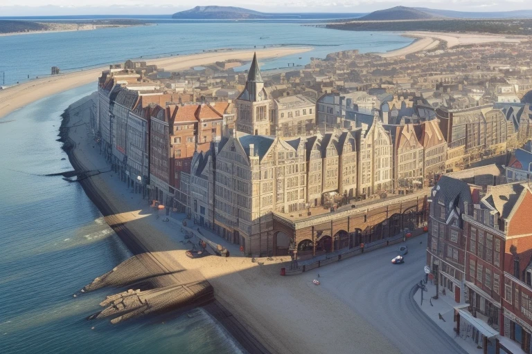 a provincial town in the 19th century on the shore of the sea bay, (crossroads), a bar, a hotel, (best quality,4k,8k,highres,masterpiece:1.2),ultra-detailed, detailed architecture, cobblestone streets, wood buildings, brick buildings, ornate facades, sun day