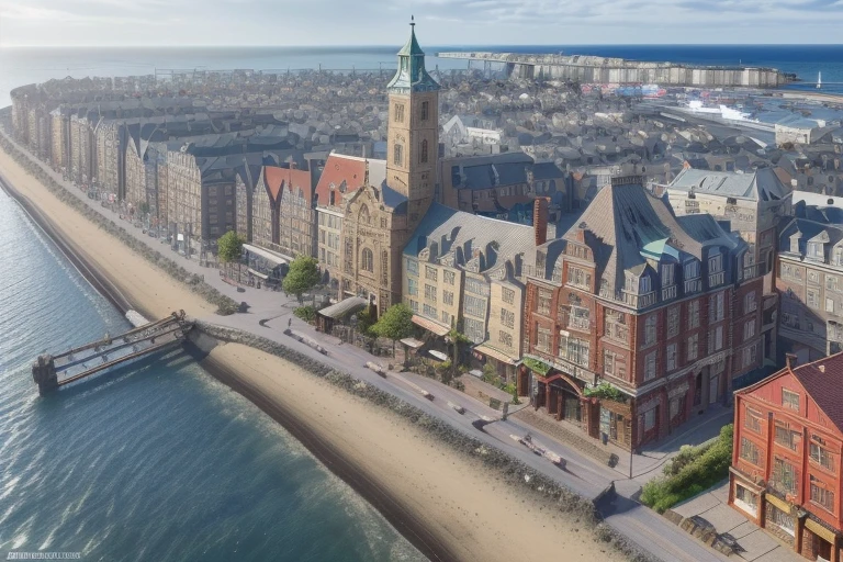 a provincial town in the 19th century on the shore of the sea bay, (crossroads), a bar, a hotel, (best quality,4k,8k,highres,masterpiece:1.2),ultra-detailed, detailed architecture, cobblestone streets, wood buildings, brick buildings, ornate facades, sun day