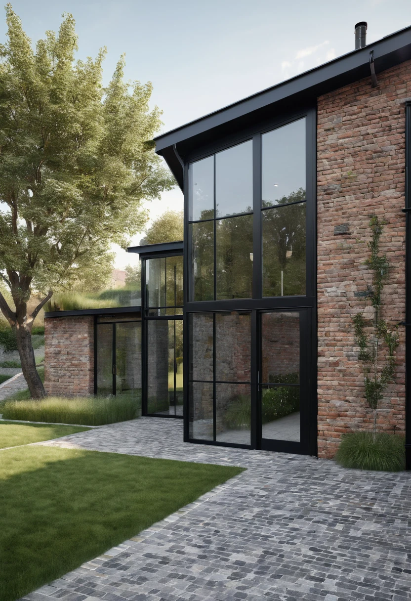 imagine an industrial house with different levels, with a glass wall divided by a massive black iron structure, a wall with English bricks, a black roof with a slope on the left side, grass in front, a stone floor up to the black main entrance door. Houses next door, Olmo trees at the entrance to the house, real grass, high res, realism, real photo
