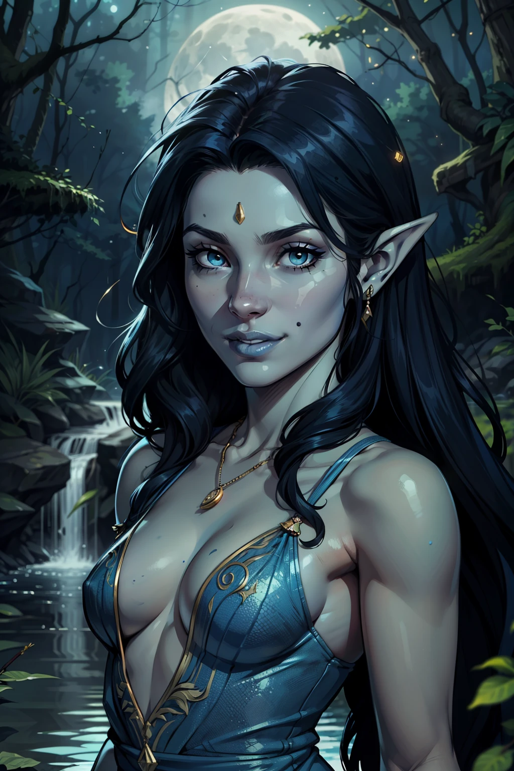 bokeh, cru, light on a seductive 30-year-old woman with long indigo hair gathered and (hazel eyes:1.4) with small breasts and model body, (blue skin body and face:1.5), wearing an intricate elven dress, (fund: Swamp in an enchanted forest, trees, small waterfall, Small birds, shrubbery), natta, moonlights, fullmoon, atmospheric, details Intricate, ultra realistic, rule of thirds, dramatic pendant lighting, face detailed, cute, Shallow depth of field, details Intricate, godrays,