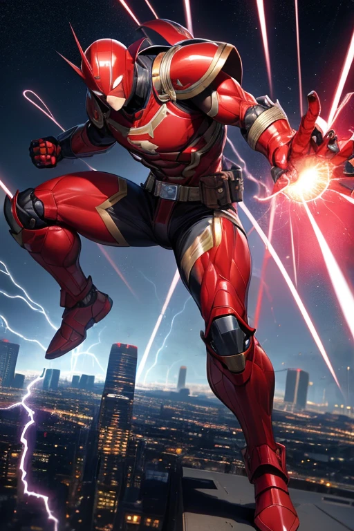 ((best quality)), ((masterpiece)), (detailed), 1 man, full body, 30s, black masks, red helmet that covers his entire head, smooth helmet, uncovered face, helmet with a flashlight on his forehead, black collar, tall and muscular, very large, red armor, gray details, 2 large tubes, transparent electricity tubes on his chest, black forearms, large red gloves, red wristbands, red suit, fist emblem with lightning bolts on his chest, fist, red pants, black knee pads, metallic red boots, superhero belt, lightning bolts in the air, hitting the highway, superhero pose, lightning bolts come out, night city background, anime