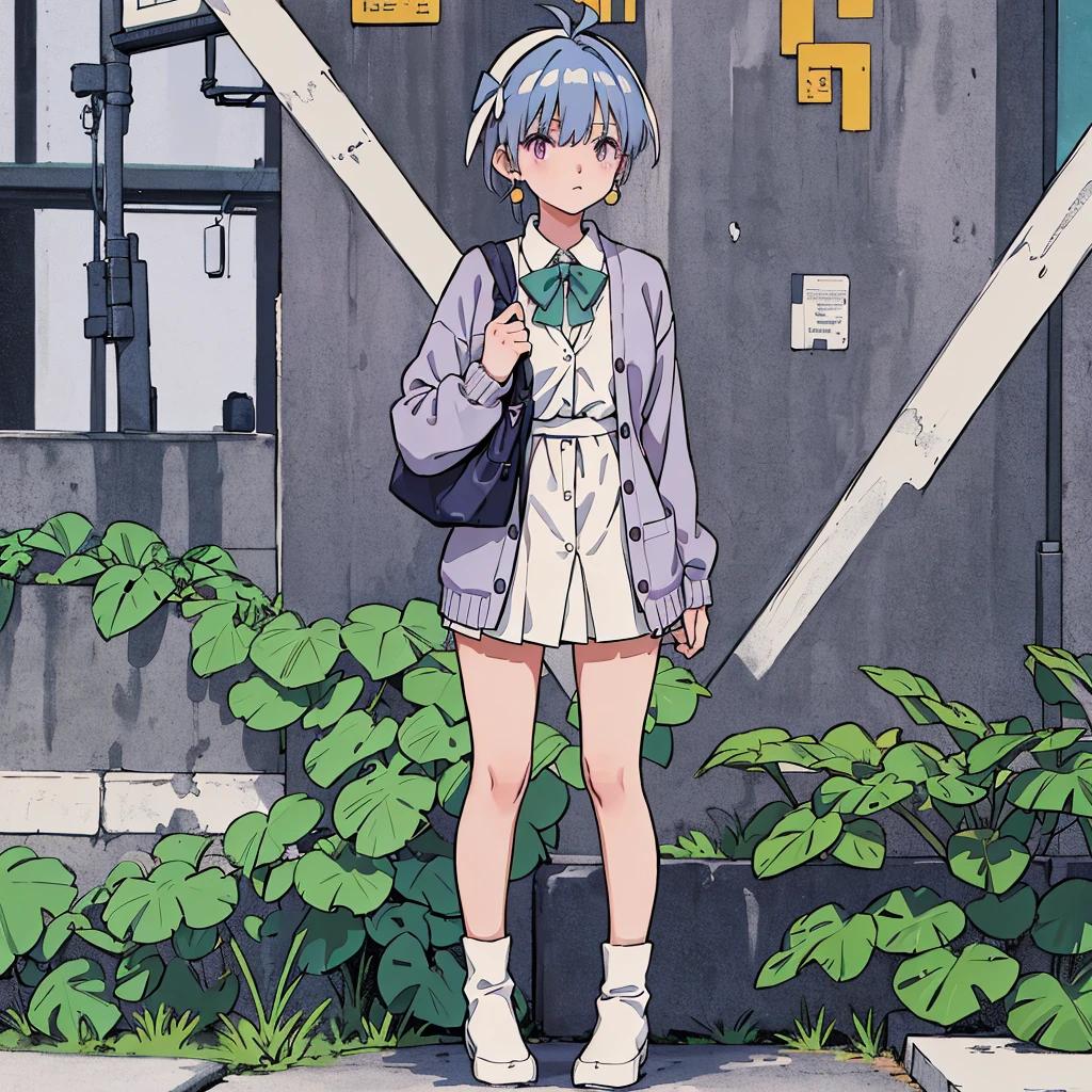 full body, standing up, holding school bag, woman, baby blue hair, short straight hair, fringe falling on face, half lided eyes, purple eyes, calm expression, wearing white and green , wearing white headband, using purple sphere earrings, wearing oversized gray cardigan, school background