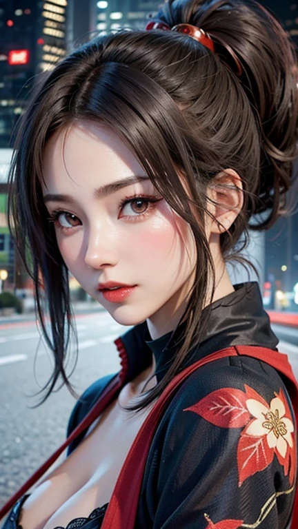 (hyper real)、Modern kunoichi、(21st century female ninja)、beautiful woman High level image quality High resolution (realistic) short hair、black haired woman、mature woman、middle-aged women、big big、detailed red black 、fine skin texture、超A high resolution、realistic、plump body shape、angry face、Middle-aged Beautiful woman、beautiful expression、With detailed red and black areola 、fine brown eyes、fluffy long hair、Kamimei、Very delicate and fine skin texture、35 years old、{There is a helipad at night((Being on the roof of a skyscraper))}、Modern kunoichi、big cleavage、plunging neckline、bright red lips、She is wearing a gorgeous and luxurious ninja kimono with gunmetal decoration.。、silver collar and necklace、gorgeous hair ornament、