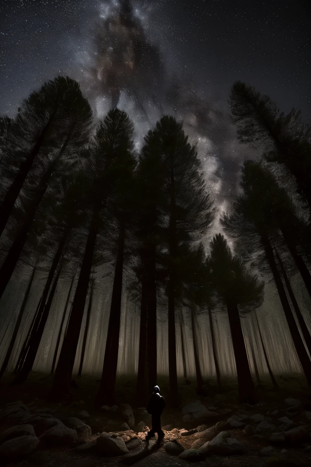 ((best qualityer)), ((work of art)), (detailded), 1 human in a scary dry pine forest at night