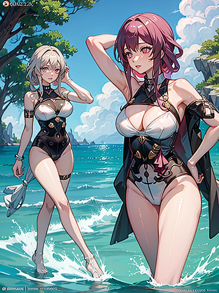 a woman in a bikini is in the water with her hands on her head, an anime drawing by Kentaro Miura, pixiv, process art, blonde anime girl with long hair, seductive anime girl, top rated on pixiv, anime goddess, beautiful alluring anime , clean detailed anime art, blonde goddess, beautiful alluring anime woman, (anime girl)