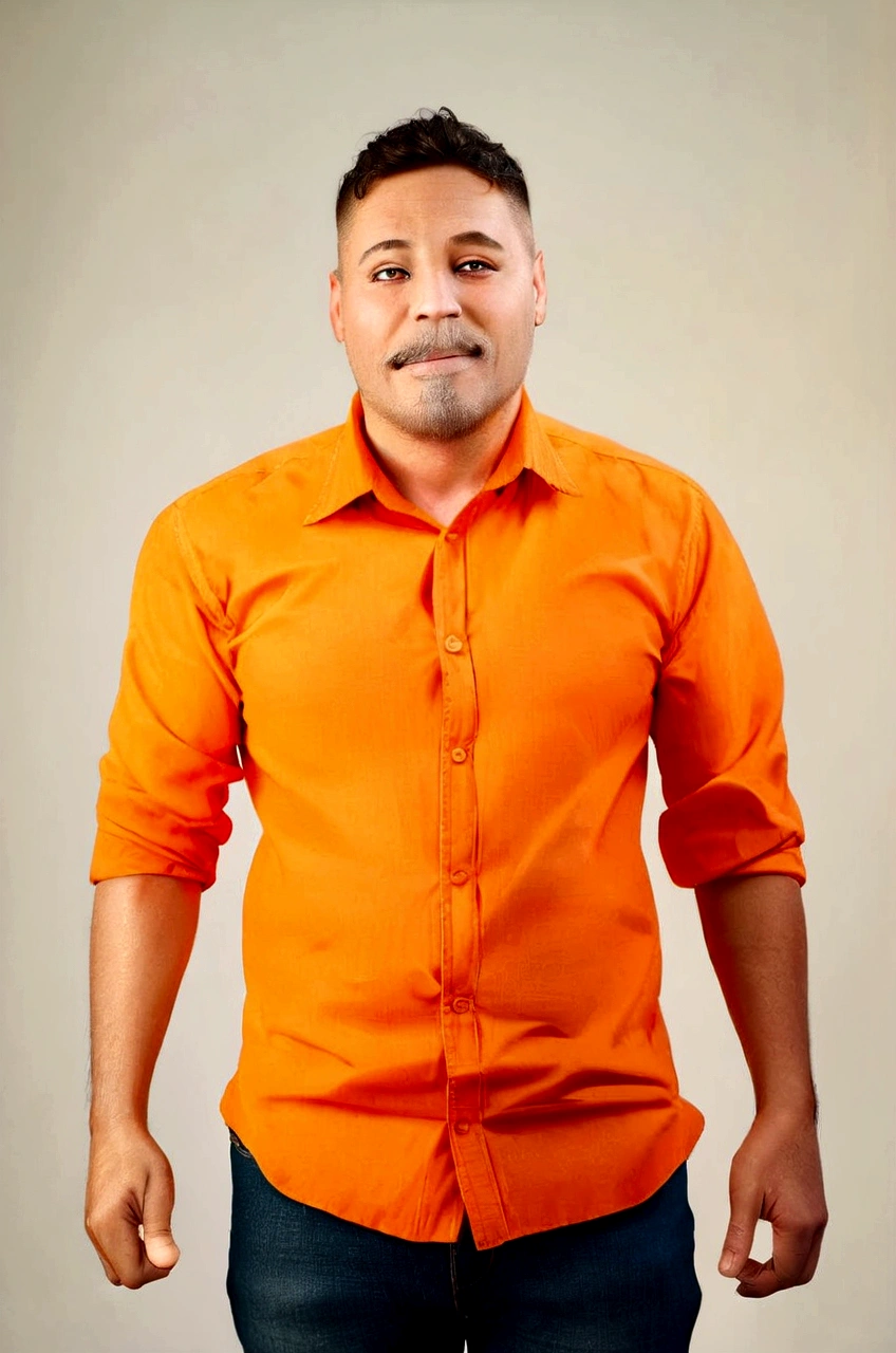 Pixar animation, white man, smiling, with medium size brown beard, in orange dress shirt, jeans, dark brown eyes, with both hands giving thumbs up, no image or anything else in the background of the character