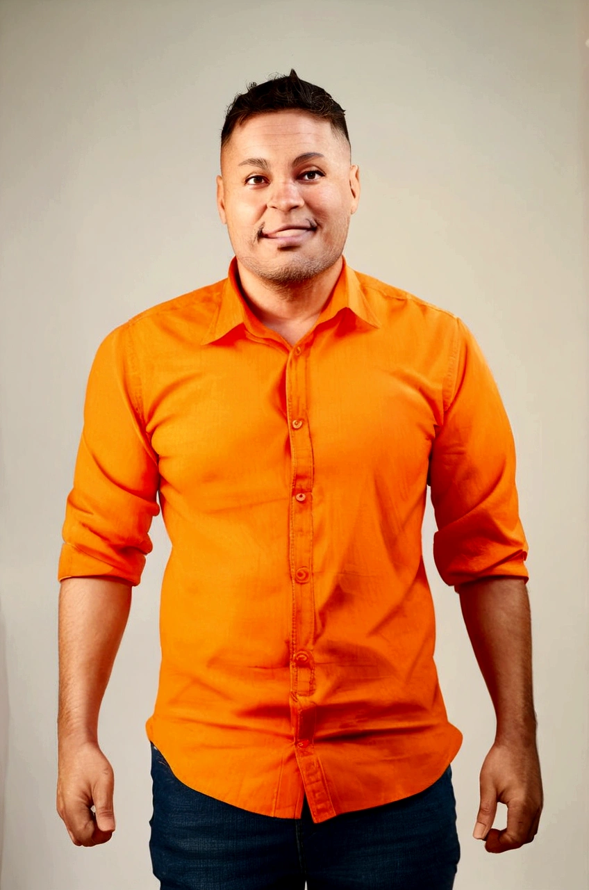 Pixar animation, white man, smiling, with medium size brown beard, in orange dress shirt, jeans, dark brown eyes, with both hands giving thumbs up, no image or anything else in the background of the character