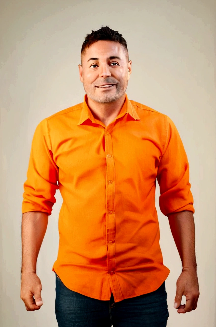 Pixar animation, white man, smiling, with medium size brown beard, in orange dress shirt, jeans, dark brown eyes, with both hands giving thumbs up, no image or anything else in the background of the character