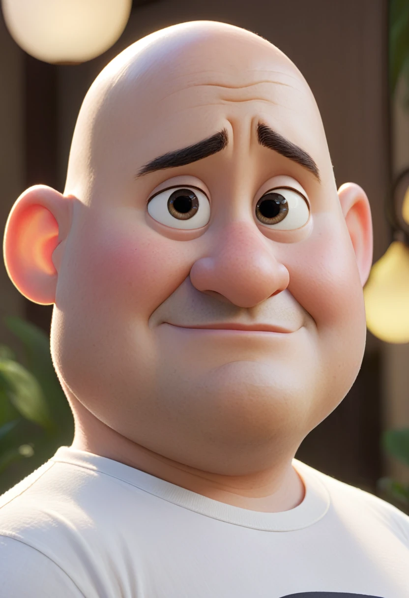 Create a Disney Pixar-style character of a 45-year-old man, baldie, chubby cheeks, white undershirt, looking at the camera, foto perfil, commercial shot., face is brightly lit