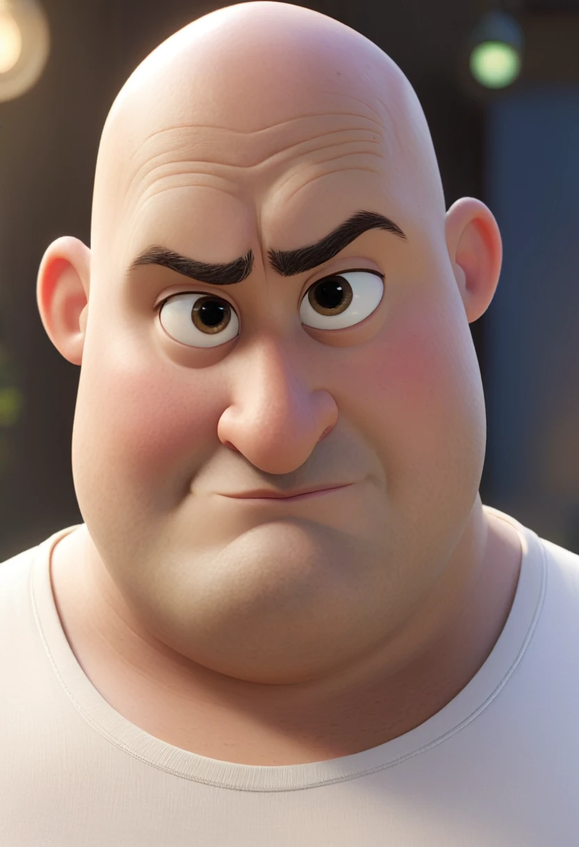 Create a Disney Pixar-style character of a 45-year-old man, baldie, chubby cheeks, white undershirt, looking at the camera, foto perfil, commercial shot., face is brightly lit