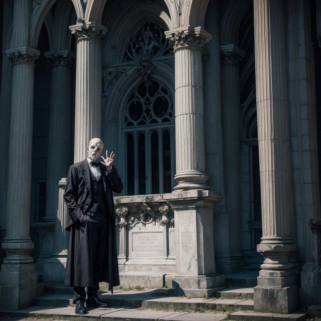 A ghostly, almost skeletal man leaning against the column of a Gothic cemetery, his clothes are worn out, his shoes have holes, his mouth is open, he has a disturbing look, with his right hand he waves towards the camera.