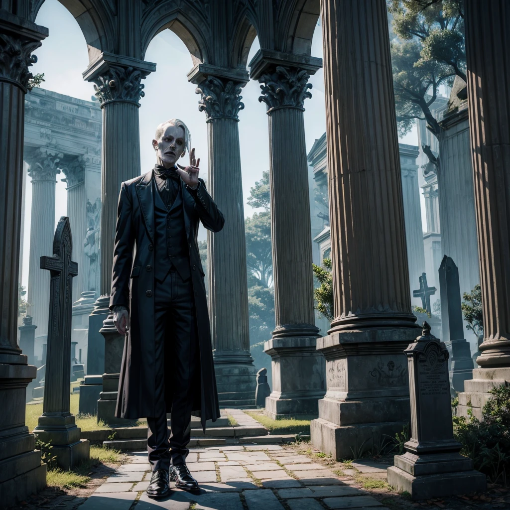 A ghostly, almost skeletal man leaning against the column of a Gothic cemetery, his clothes are worn out, his shoes have holes, his mouth is open, he has a disturbing look, with his right hand he waves towards the camera.