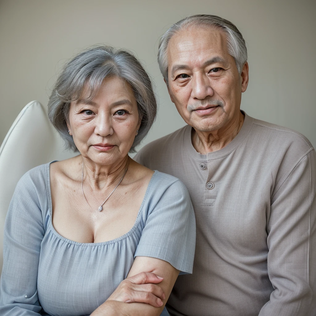 Grandmother and grandfather. 56 year olds. Koreans. Pleasant looking. They have gray hair. Grandpa has blue eyes. Grandma has beautiful eyes. High quality. Masterpiece.