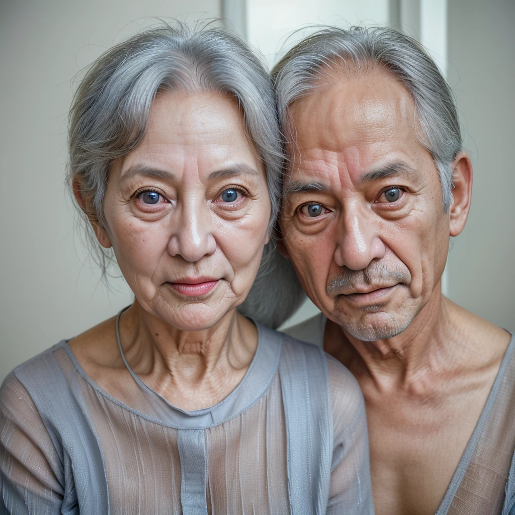 Grandmother and grandfather. 56 year olds. Koreans. Pleasant looking. They have gray hair. Grandpa has blue eyes. Grandma has beautiful eyes. High quality. Masterpiece.