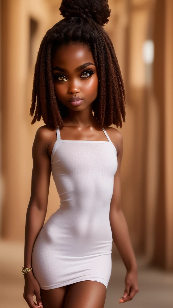 Preeteen, dark brown skin girl,************, huge gorgeous afro hair and big eyes, wearing a dress, soft expression. semi realistic. flat figure,