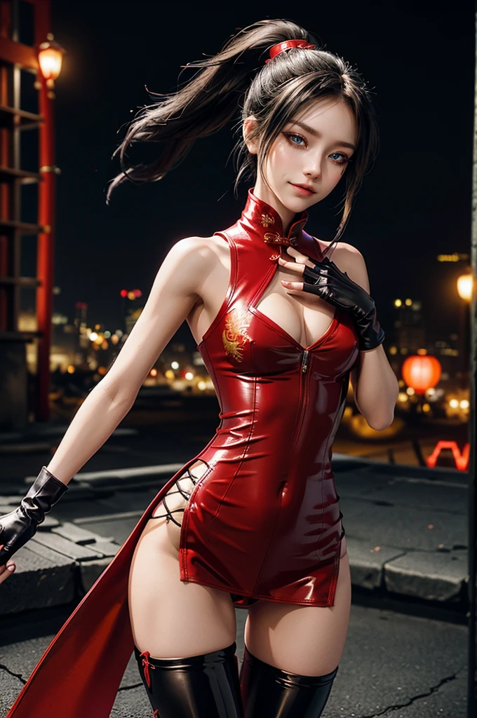(RAW photo, best quality), Cute girl with short black hair, (ponytail), (city roof at night background), low light , dark eyeliner, cute smile, gorgeous face , super cute, 18 years old , young looking, hyper detailed face, dark eyeliner, (medium breast), (thin waist, super slender), (bare shoulders, (exposed hips), skintight and red PVC qipao china dress with yellow dragon decoration and vivid patterns, deep black leather thigh high boots, ((red PVC fingerless gloves)), cleavage, ((both hands on waist)), one leg in front of the other, (((very extremely small small navel exposure))), (thigh belt)