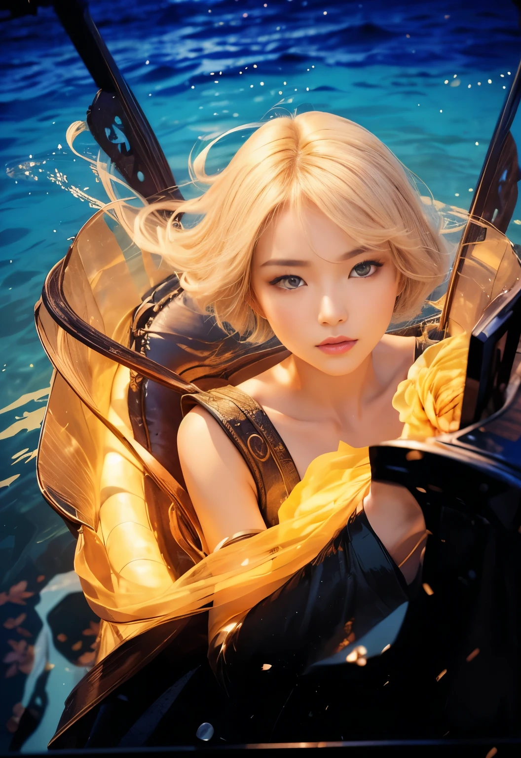 (Best quality, 8k, 32k, Masterpiece, UHD:1.2) "Generate a captivating artwork featuring a young Japanese girl model with short, sleek black hair styled in a chic bob haircut. Envision her bathed in dramatic cinematic lighting, creating an atmosphere of allure and mystery. Emphasize a romantic aesthetic vibe, showcasing the model in a poised and elegant pose that evokes a sense of intimacy and sophistication. Utilize warm and soft tones to enhance the romantic ambiance, and consider incorporating elements like flowing fabrics or flowers to add a touch of ethereal beauty. Capture the essence of romance and beauty through the model's expression, the play of light and shadows, and the overall aesthetic, creating a visually compelling and emotionally resonant piece." (perfect eyes), flawless skin, flawless face, cinematic, tight body, ((well-proportion female hands)), ((female hands with five digits))