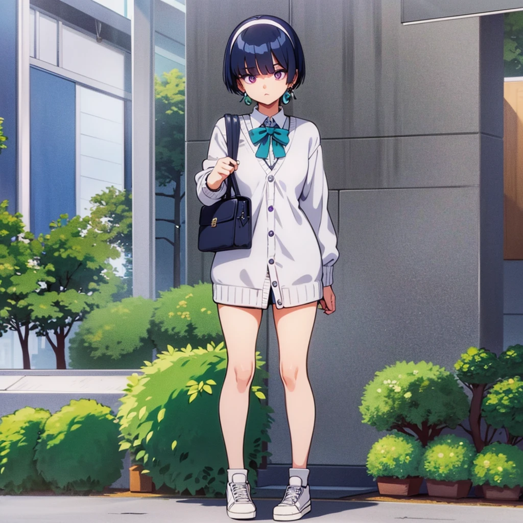 full body, standing up, holding school bag, woman, baby blue hair, short straight hair, fringe falling on face, half lided eyes, purple eyes, calm expression, wearing white and green , wearing white headband, using purple sphere earrings, wearing oversized gray cardigan, school background