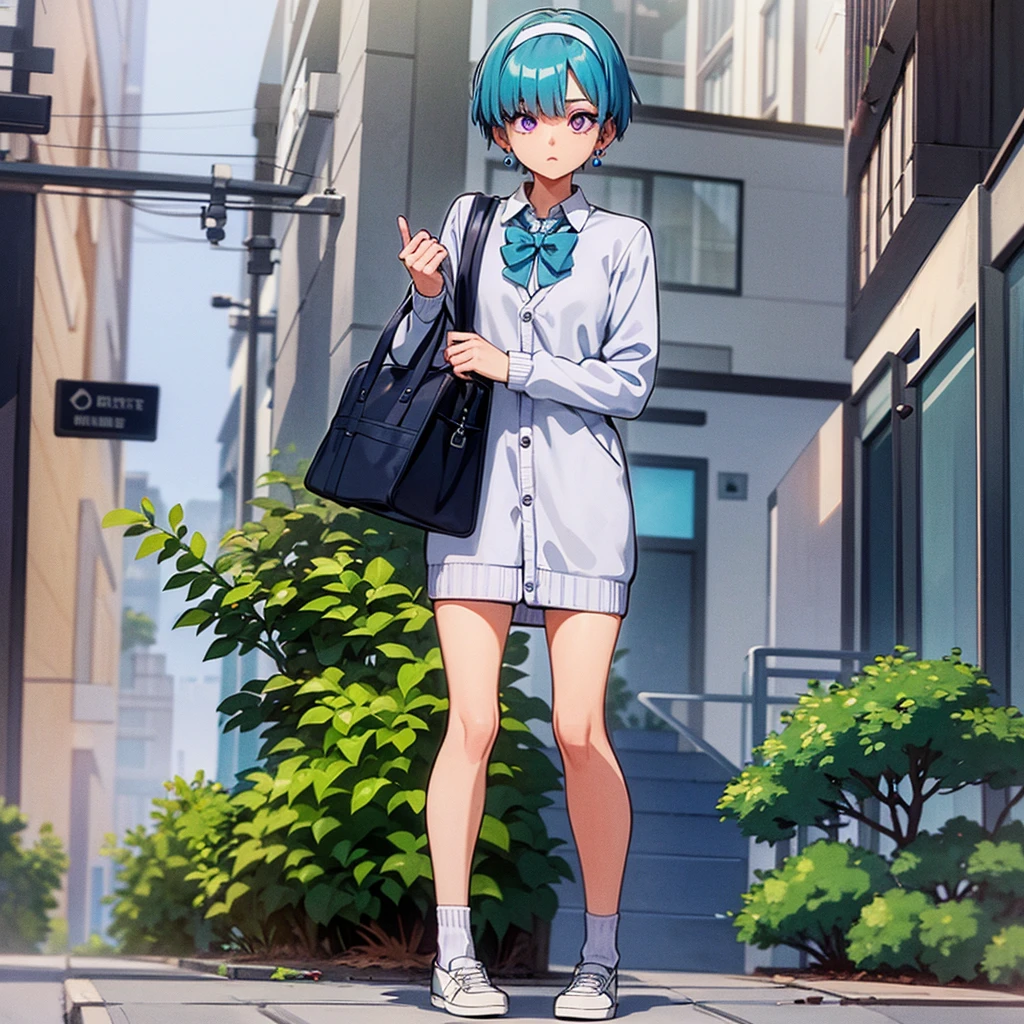 full body, standing up, holding school bag, woman, baby blue hair, short straight hair, fringe falling on face, half lided eyes, purple eyes, calm expression, wearing white and green , wearing white headband, using purple sphere earrings, wearing oversized gray cardigan, school background