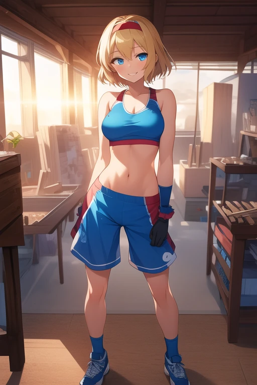 ((best quality)), ((masterpiece)), (detailed), 1girl, touhou, Alice Margatroid, Artisan workshop background, sun light, blue eyes, smiling expression, blue crop top, female sport shorts, blue artisan gloves, full body, wide shot