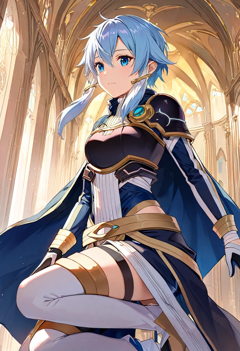 alone, 1 Girl, Sinonsolus, keep, arms, Focus on women, Cape, armor, Holy Bow Annihilation Ray, Handguard, breastplate, full armor,Thigh-heeled boots, (((masterpiece))), ((Highest quality)), ((Intricate details)) (8K)