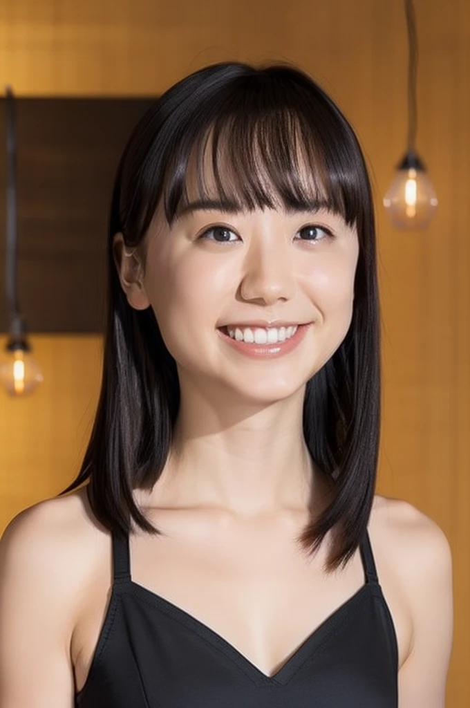 upper body, flat chest, (arms behind back:1.1), make up, sport-bra, smile, long hair