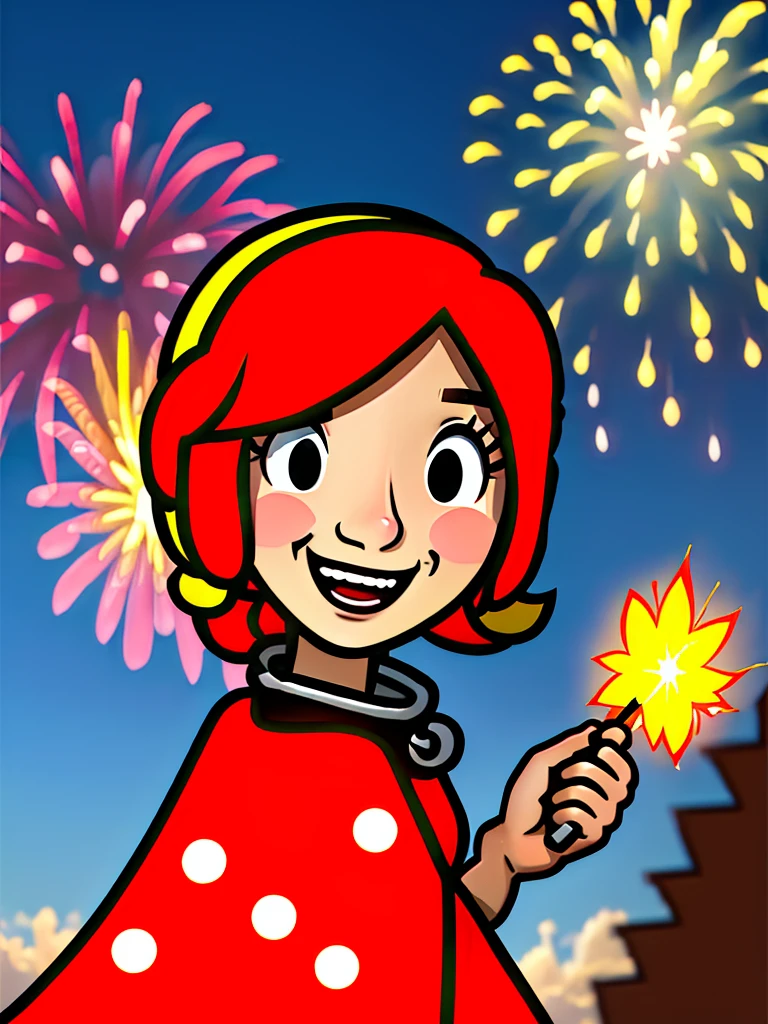 masterpiece, best quality, 1girl, red hair. blue eyes, ladybug costume, a woman in red, her clothes are red with black dots like a ladybug, she has a wide cape with ladybug colors, smiling from behind fireworks are going off, the fireworks are very clear and can be seen like the Walt Disney fireworks, there are sun rays from behind and they light her like halo of rays background table of borsa , a woman in red, her clothes are red with black dots like a ladybug, smiling from behind fireworks go off, the fireworks are very clearly defined and can be seen like the Walt Disney fireworks, there are sun rays from behind and they illuminate her like a halo of rays lora:Ladybug Costume_v1:1>