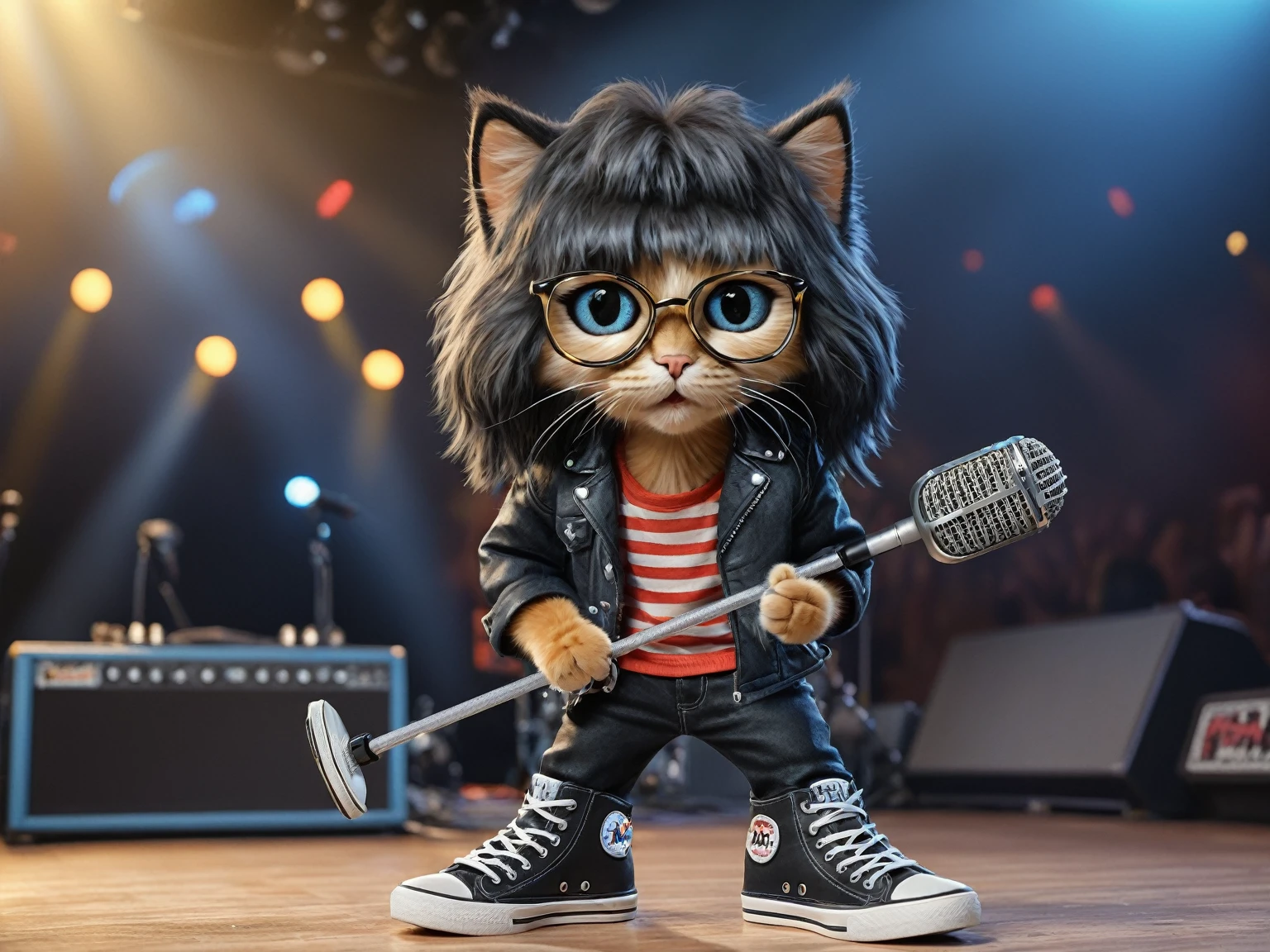 Cute anthropomorphic kitten fluffy cartoon with very long hair black with bangs, singing with microphone in hand (black sunglasses with oval lenses) by Joey Ramone digital painting 3d cosplay Ramones pants jeans, All Star shoes in the background concert stage with several lights blue, isometric view, Cinematic, Hyperrealistic, Backlit, Extremely low angle, Highly detailed, scaled down, Unrealistic rendering, 16K