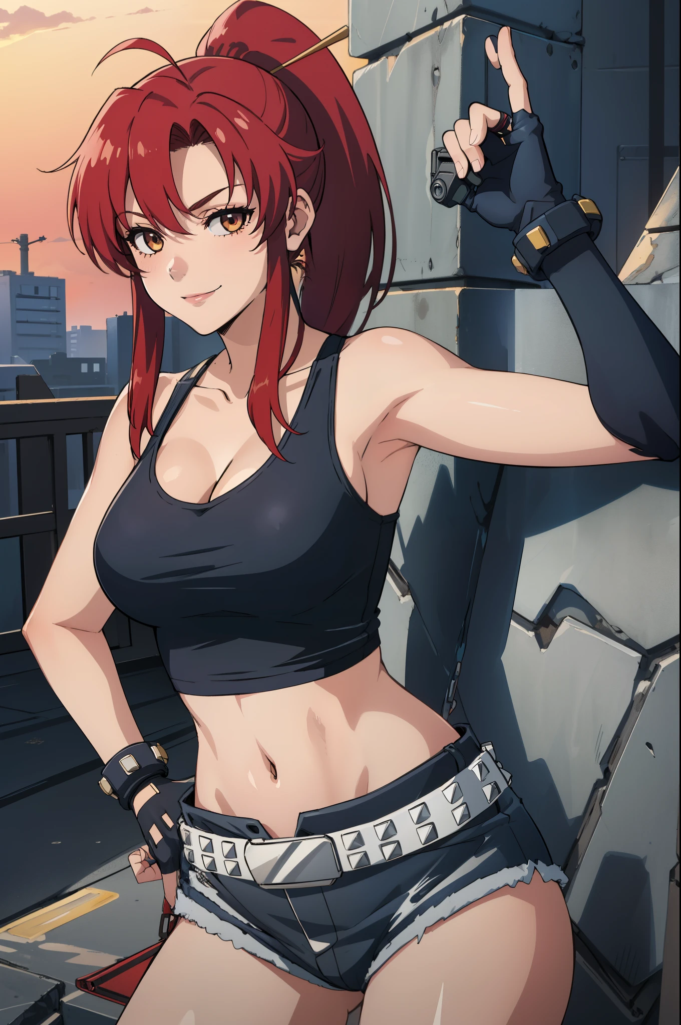 1girl, cute, sexy, red hair, cowboy shot, solo, revy, evil smile, holding gun, handgun, pistol, ponytail, tank top, fingerless gloves, denim shorts, holster, belt, newest