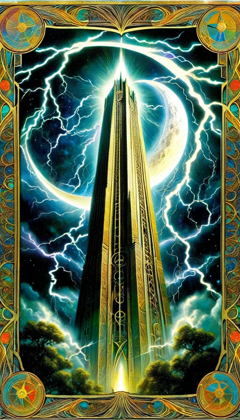 ((tarot card)) THE MOON ((card frame)), lightning strikes the tower, work by Dave mcKean, vivid colors, intricate details, oil.
