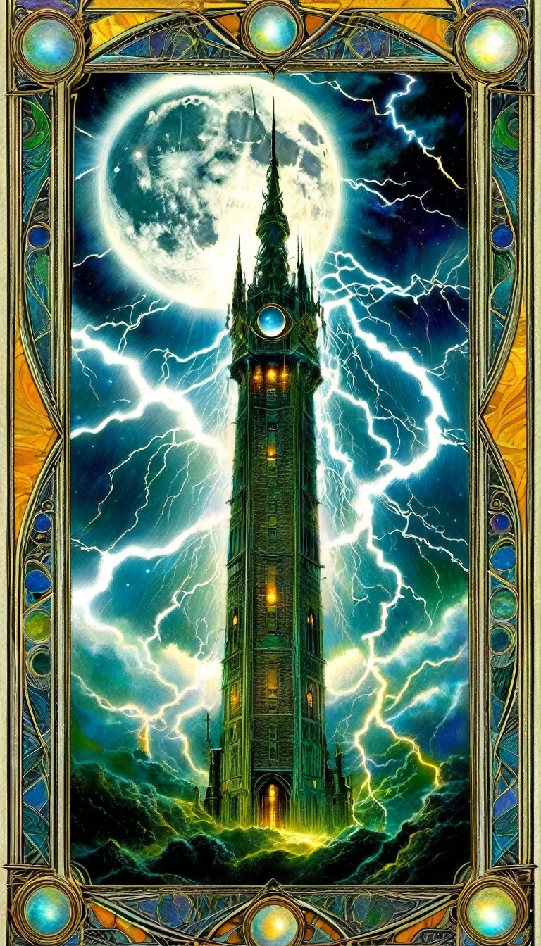 ((tarot card)) THE MOON ((card frame)), lightning strikes the tower, work by Dave mcKean, vivid colors, intricate details, oil.
