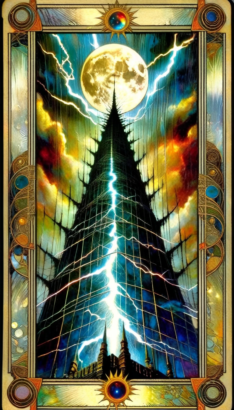 ((tarot card)) THE MOON ((card frame)), lightning strikes the tower, work by Dave mcKean, vivid colors, intricate details, oil.
