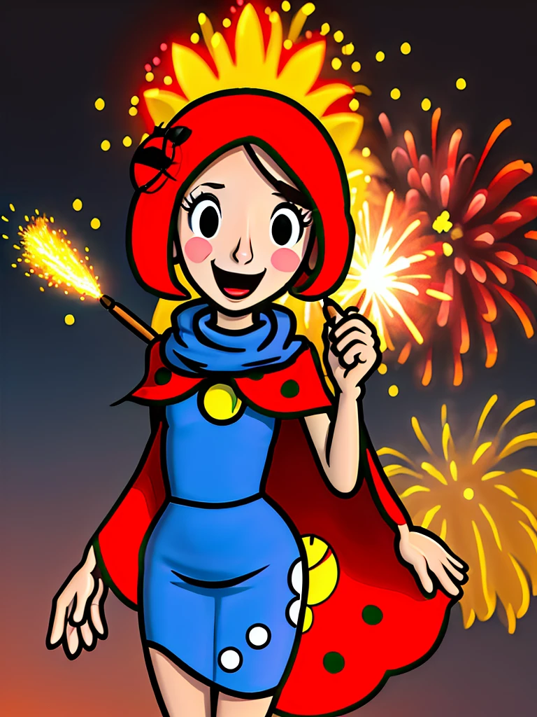 masterpiece, best quality, 1girl, red hair. blue eyes, ladybug costume, a woman in red, her clothes are red with black dots like a ladybug, she has a wide cape with ladybug colors, smiling from behind fireworks are going off, the fireworks are very clear and can be seen like the Walt Disney fireworks, there are sun rays from behind and they light her like halo of rays background table of borsa , a woman in red, her clothes are red with black dots like a ladybug, smiling from behind fireworks go off, the fireworks are very clearly defined and can be seen like the Walt Disney fireworks, there are sun rays from behind and they illuminate her like a halo of rays lora:Ladybug Costume_v1:1>