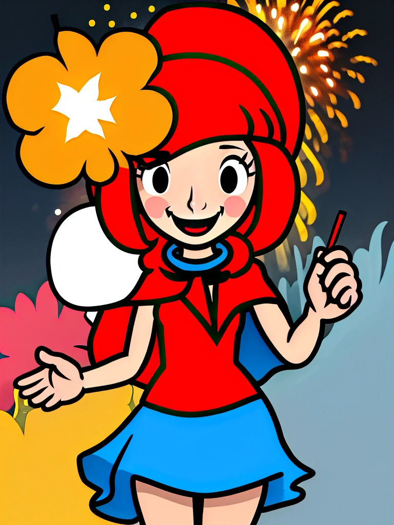 masterpiece, best quality, 1girl, red hair. blue eyes, ladybug costume, a woman in red, her clothes are red with black dots like a ladybug, she has a wide cape with ladybug colors, smiling from behind fireworks are going off, the fireworks are very clear and can be seen like the Walt Disney fireworks, there are sun rays from behind and they light her like halo of rays background table of borsa , a woman in red, her clothes are red with black dots like a ladybug, smiling from behind fireworks go off, the fireworks are very clearly defined and can be seen like the Walt Disney fireworks, there are sun rays from behind and they illuminate her like a halo of rays lora:Ladybug Costume_v1:1>