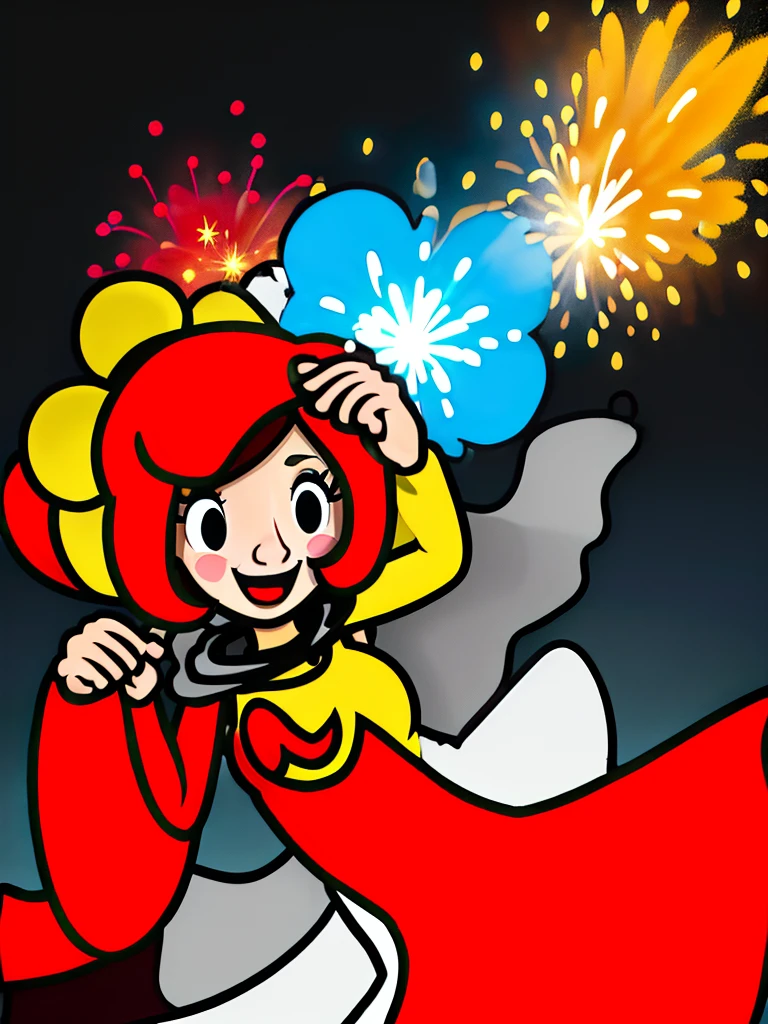 masterpiece, best quality, 1girl, red hair. blue eyes, ladybug costume, a woman in red, her clothes are red with black dots like a ladybug, she has a wide cape with ladybug colors, smiling from behind fireworks are going off, the fireworks are very clear and can be seen like the Walt Disney fireworks, there are sun rays from behind and they light her like halo of rays background table of borsa , a woman in red, her clothes are red with black dots like a ladybug, smiling from behind fireworks go off, the fireworks are very clearly defined and can be seen like the Walt Disney fireworks, there are sun rays from behind and they illuminate her like a halo of rays lora:Ladybug Costume_v1:1>