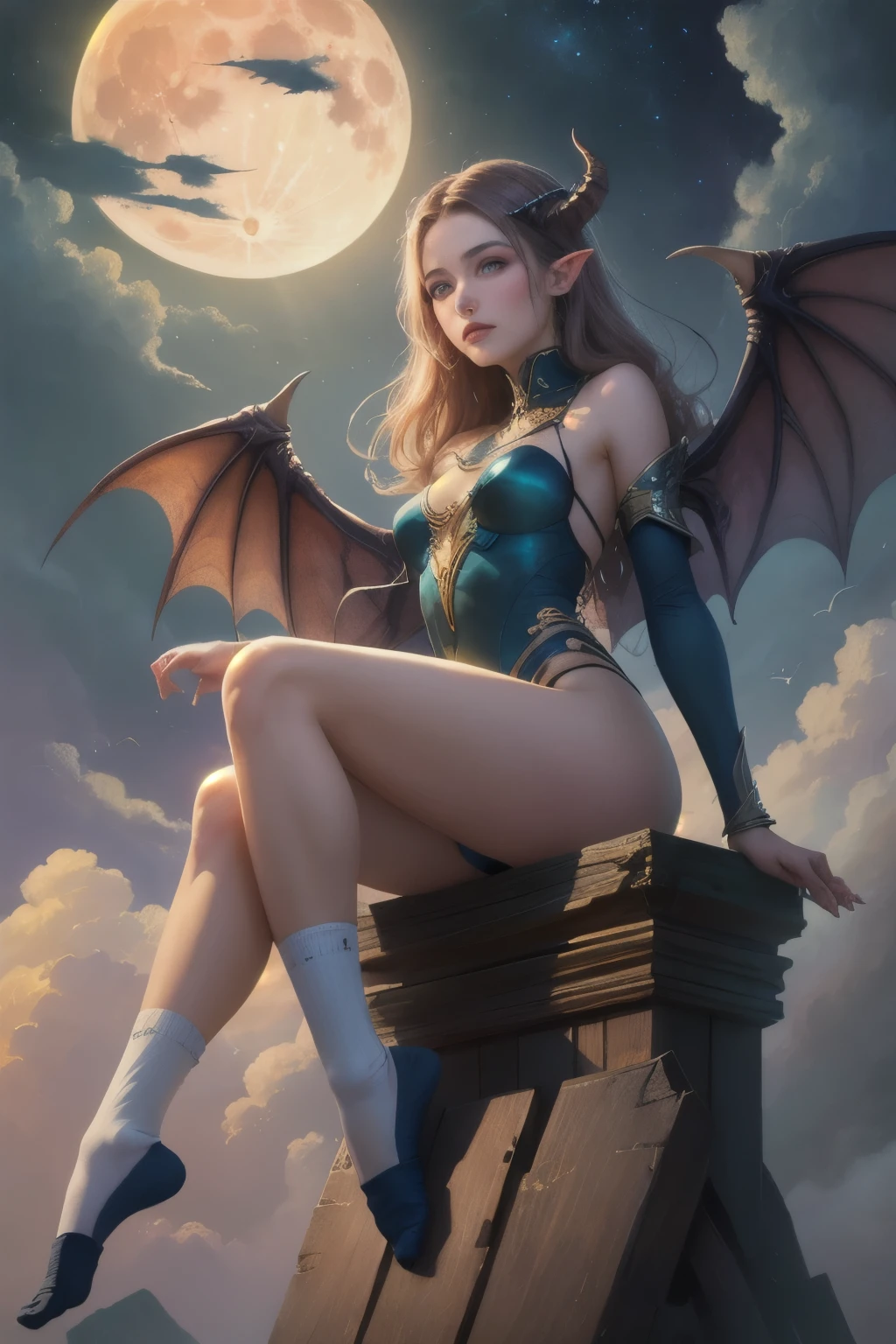 ((Best quality)), ((Tafah)), (Hinge), Succubus, Ethereal beauty, Perched on a cloud, (fantasy illustration:1.3), Charming look, Leotard, socks طويلة, socks, Wear it, Captivating situation, Delicate wings, Other worldly magic, Mysterious Sky, Big moon, Moonlit Night, soft colors, (Hinge cloudscape:1.3), (High resolution:1.2), From the bottom, (evaluation_Clear.), (a result_9, a result_8_higher, a result_7_higher, a result_6_higher, a result_5_higher, a result_4_higher, High accuracy, 4K)