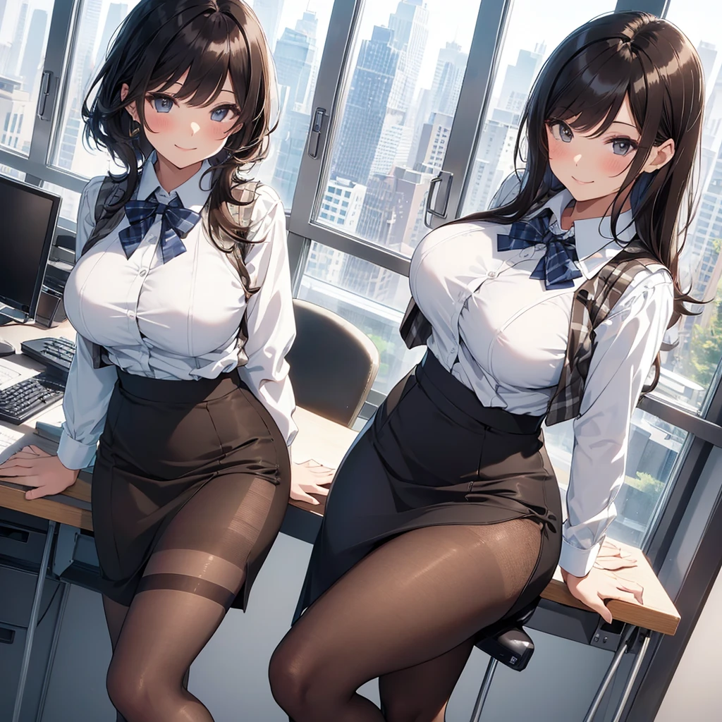 1lady standing, office worker, receptionist, (vest with white and gray checks:1.2) (navy pencil skirt) bowtie, mature female, /(black hair/) bangs, blush kind smile, (masterpiece best quality:1.2) delicate illustration ultra-detailed, large breasts BREAK (modern office indoors), window cityscape, detailed background , (((brown _pantyhose,)))