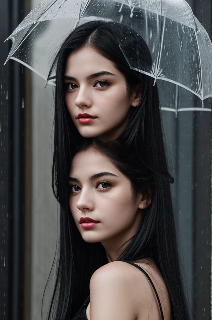 A girl with long straight jet black hair, gray eyes with a bit of a mysterious shine in them, pale skin, no smile a serious face, cherry-colored lips and in the background something rainy style that detonates mystery and nostalgia