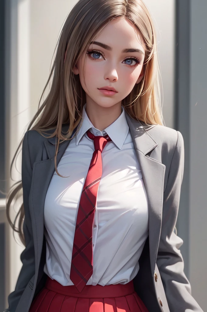 (ultra realistic,32k, masterpiece:1.2),(high detailed skin:1.1), 8k uhd, dslr, high quality, (thick\lips\),
 aakay,long hair,saunders ,blazer,grey jacket,long sleeves,open jacket,wing collar,white shirt,necktie,red skirt,white thighhighs,, , small, nipple protrude,breast, 
(looking at viewer, portrait:1.1),,upper body,
,(iridescence:1.1),  mind-linking network, telepathic communication, shared consciousness, collective knowledge