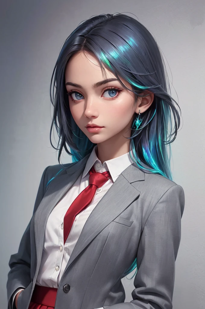 (ultra realistic,32k, masterpiece:1.2),(high detailed skin:1.1), 8k uhd, dslr, high quality, (thick\lips\),
aakay,long hair,saunders ,blazer,grey jacket,long sleeves,open jacket,wing collar,white shirt,necktie,red skirt,white thighhighs,, , small, nipple protrude,breast,
(looking at viewer, portrait:1.1),,upper body,
,(iridescence:1.1), mind-linking network, telepathic communication, shared consciousness, collective knowledge