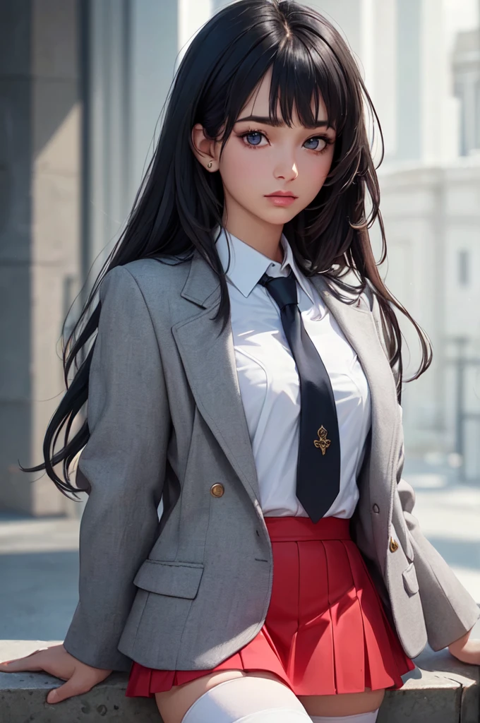 (ultra realistic,32k, masterpiece:1.2),(high detailed skin:1.1), 8k uhd, dslr, high quality, (thick\lips\),
aakay,long hair,saunders ,blazer,grey jacket,long sleeves,open jacket,wing collar,white shirt,necktie,red skirt,white thighhighs,, , small, nipple protrude,breast,
(looking at viewer, portrait:1.1),,upper body,
,(iridescence:1.1), mind-linking network, telepathic communication, shared consciousness, collective knowledge