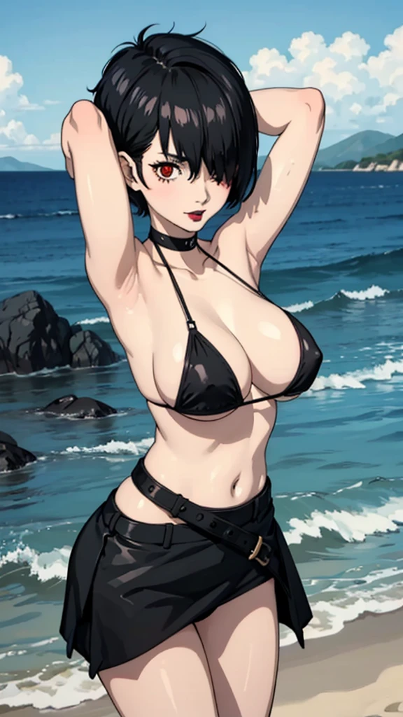 1 girl, milf, red eyes, very Short hair,black lipstick, black lipstick, shy, black hair, huge breast, micro bikini, tomboy Pixie haircut, hair over one eye, beach background, cowboy shot, arms up, armpits, thicc legs
