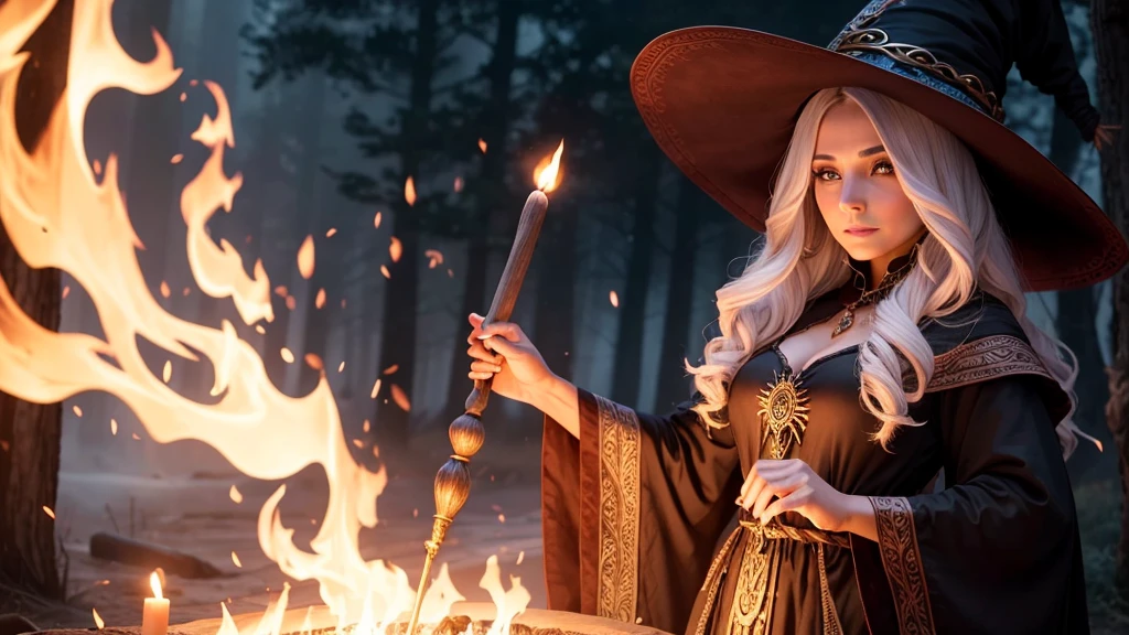 Make a beautiful fire magic sorceress, wearing a nice big witch's hat, with short stylish flaming red hair, posing cinematically with his magic staff in the air launching a large fireball into the sky, shining bright eyes, usando um bodysuit sensual, ripped tights and beautiful boots with witchy high heels, showing off her beautiful toned body with beautiful curves, big breasts thin waist, abedome defined, environment of a gloomy forest on fire everywhere, depth effects, effects of fire particles, image with lots of details, full body view, beauty of flaming colors