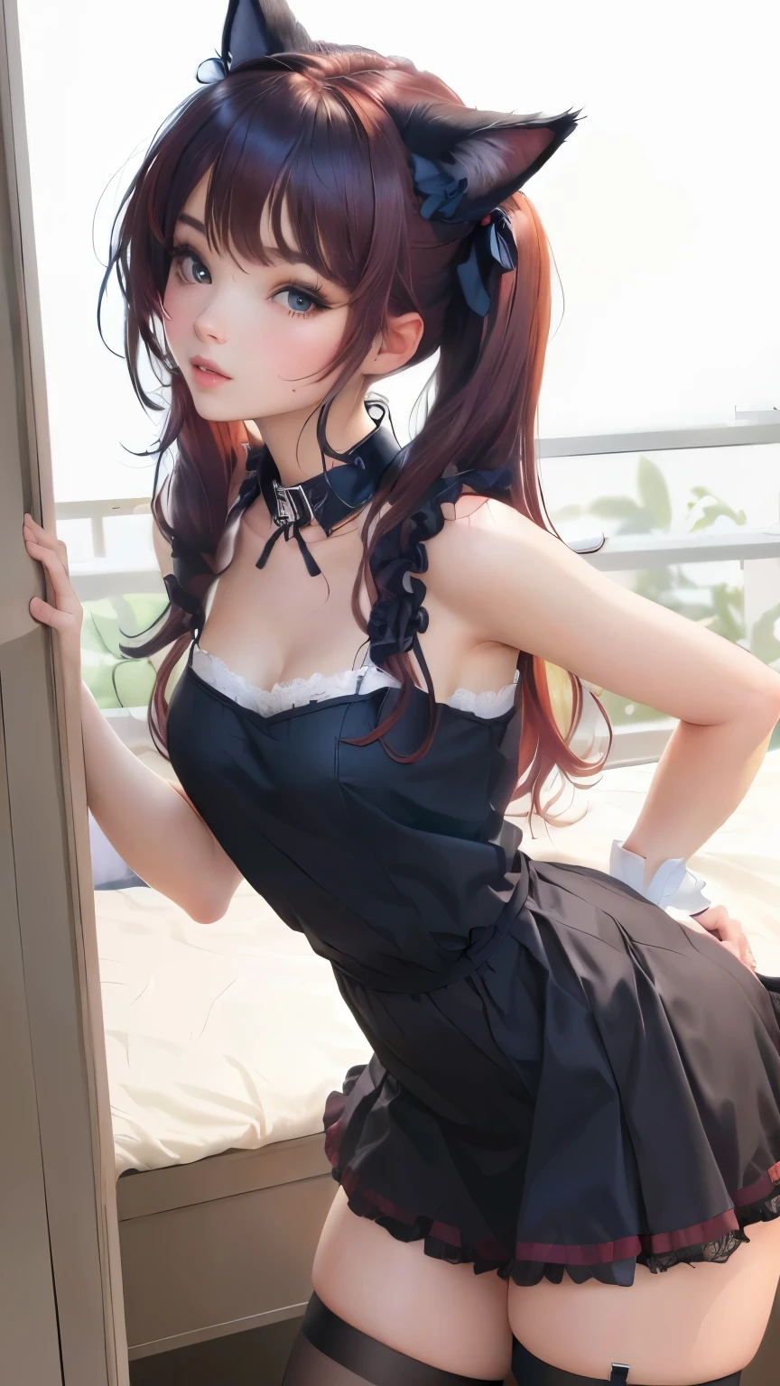 ((best quality)), ((masterpiece)), (Detailed), there is a woman in a sexy lingerie posing on a bed, 30 years old maid, cat ears, crawling to me, maid uniform, neckline, collar, collar with a tag, gorgeous maid, seductive maid, photorealistic , hyperrealistic ,beautiful alluring woman, red hair, Pigtails, small breasts, small breasts,
