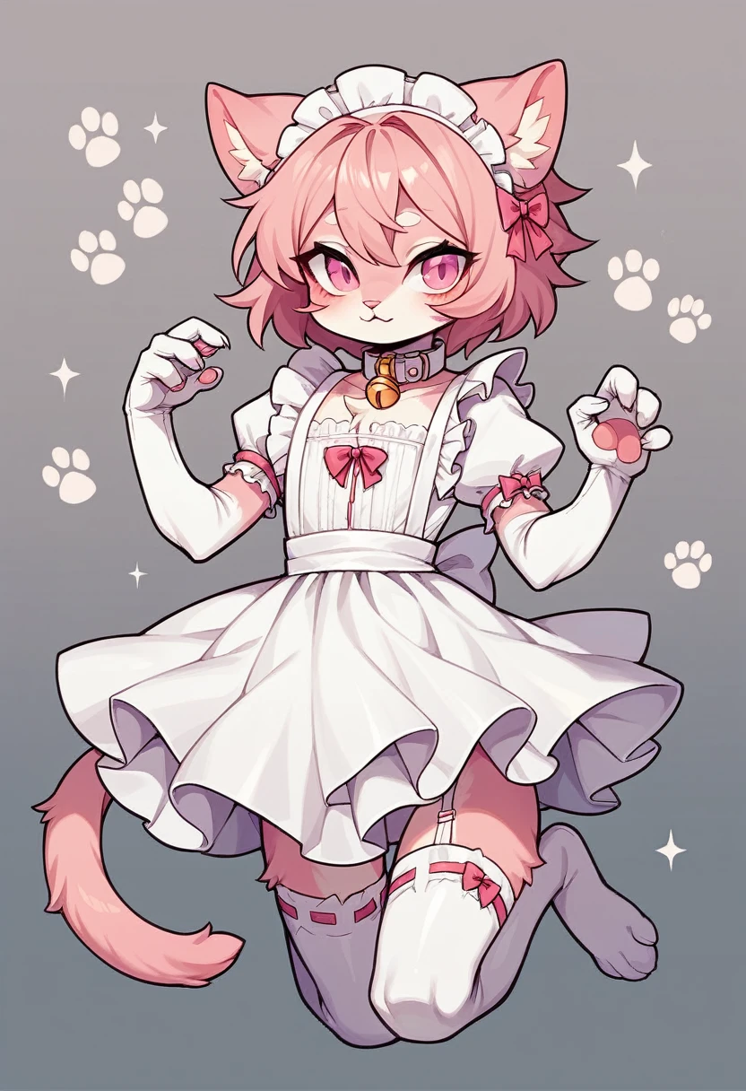 work of art, perfect, highy detailed, (small hibryd anthro cat femboy), fluffy black fur, ((pink eyes)), ((1))fluffy cat tail, hair long black, tiny chest, (Pink CAT Ears), Wearing a white collar, roaa maid dress, White silk gloves, silk white thigh socks, using a muzzle , True muzzle, light blue eyes