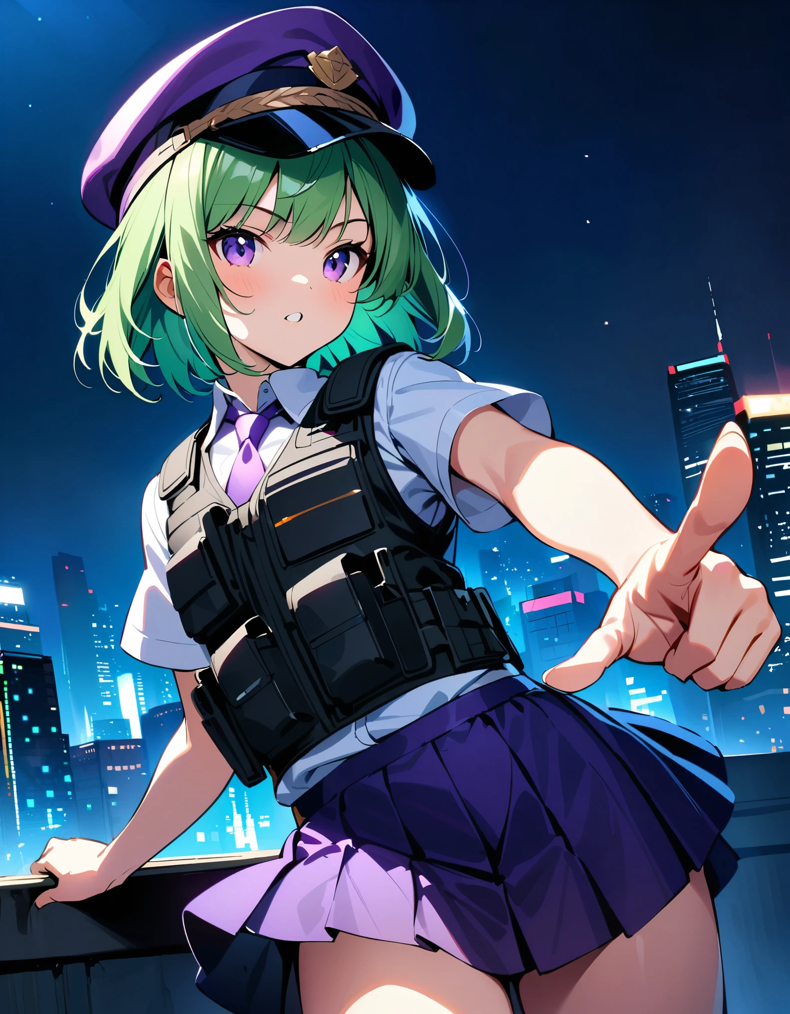 masterpiece, best quality, hires, top-quality、extremely delicate and beautiful、(a teenage girl)、purple eyes、green hair、short-haired、(purple pointy hat)、purple tie、solo、tactical vest、short sleeves. purple skirt, pleated skirt, miniskirt、(holding a pistol in her right hand, (beretta 92fs))、((pointing the gun to the front)). city backdrop, night, ???? atmosphere. cowboy shot.
