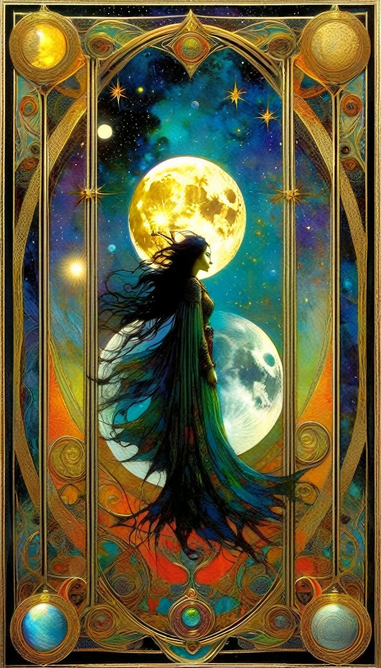 ((tarot card)) THE MOON ((card frame)), work by Dave mcKean, vivid colors, intricate details, oil.