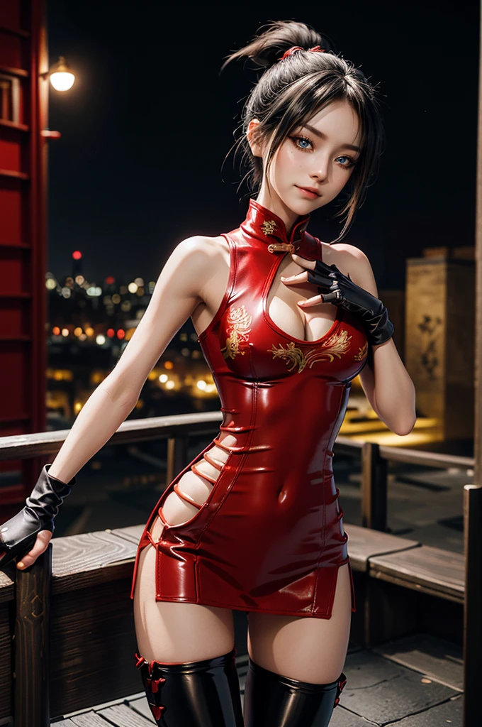 (RAW photo, best quality), Cute girl with short black hair, (ponytail), (city roof at night background), low light , dark eyeliner, cute smile, gorgeous face , super cute, 18 years old , young looking, hyper detailed face, dark eyeliner, (medium breast), (thin waist, super slender), (bare shoulders, (exposed hips), skintight and red PVC qipao china dress with yellow dragon decoration and vivid patterns, deep black leather thigh high boots, ((red PVC fingerless gloves)), cleavage, ((both hands on waist)), one leg in front of the other, (((very extremely small small navel exposure))), (thigh belt)